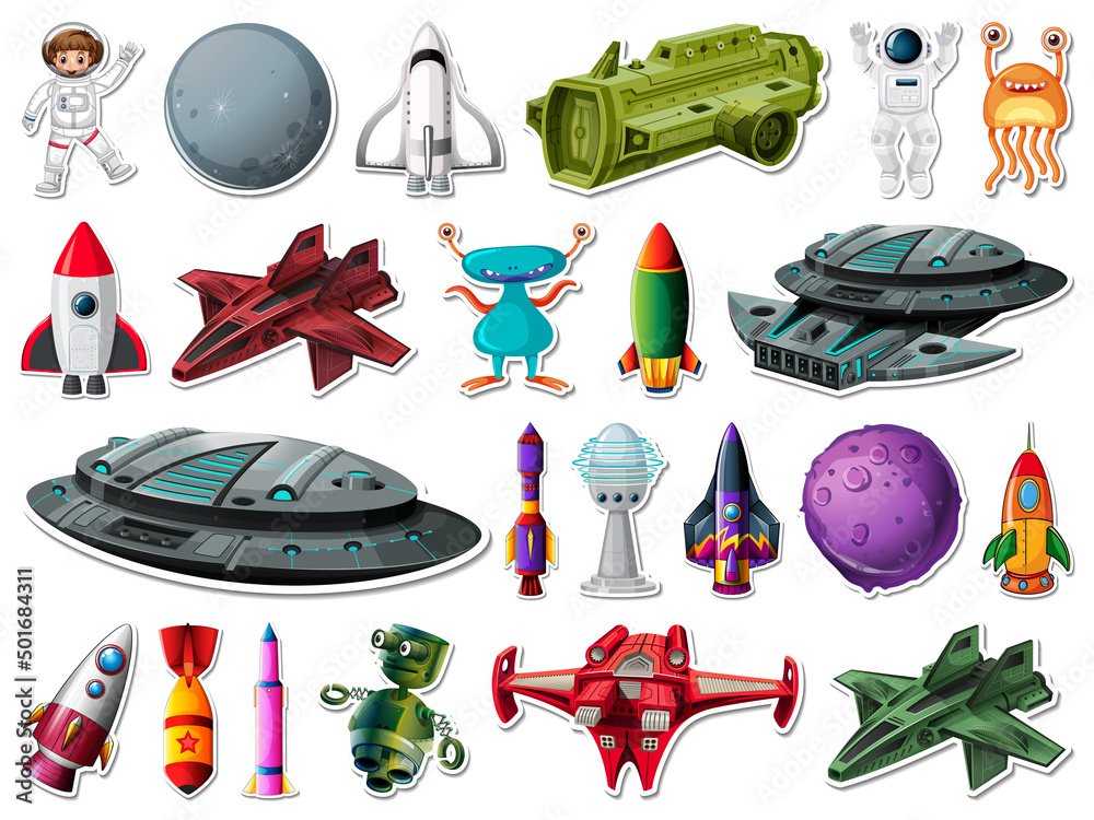 Wall mural sticker set of outer space objects and astronauts