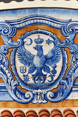 detail of an eagle in azulejos tiles on the facade of old railways station in Aveiro, Portugal