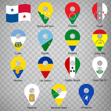 Fourteen flags the Provinces of Panama -  alphabetical order with name.  Set of 2d geolocation signs like flags Provinces of Panama. Fourteen one 2d geolocation signs for your design. EPS10