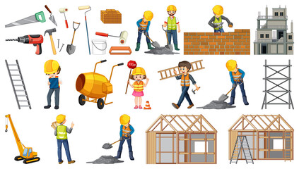 Set of construction site objects and workers