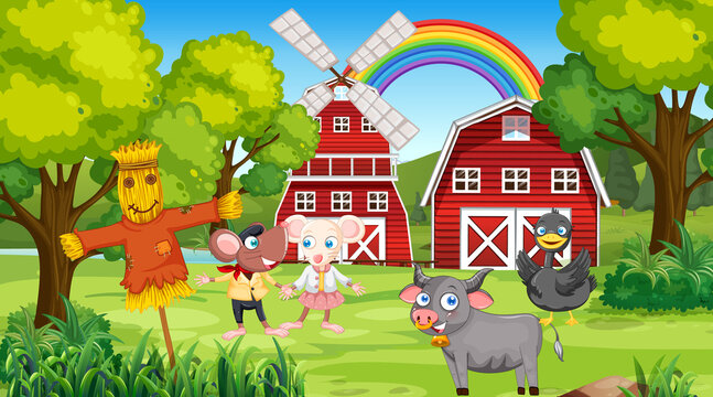 Farm scene with farm animals