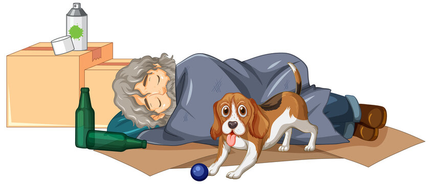 Homeless old man sleeping with a dog