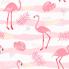 Seamless pattern with pink flamingos, tropical palm leaves, monstera. Summer abstract ornament. Vector graphics.