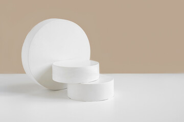 Podium for cosmetic product presentation. Abstract minimal geometrical form. Cylinder stone sphere two forms, shadow. Trendy Scene. Front view. 3D