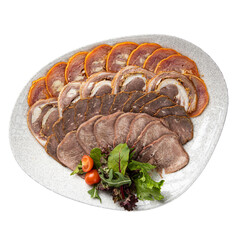 Isolated sliced russian meat appetizer platter on white background