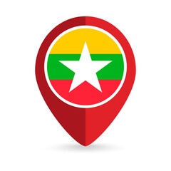 Map pointer with contry Myanmar. Myanmar flag. Vector illustration.
