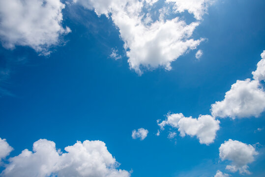 blue sky and white clouds. Freshness of the new day. Bright blue background. Relaxing feeling like being in the sky.Landscape image of blue sky and thin clouds.