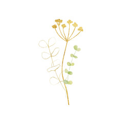 Wildflower bouquet watercolor, golden leaves. Summer floral art composition. Wildflowers greeting card 