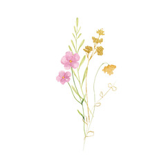 Wildflower bouquet watercolor, golden leaves. Summer floral art composition. Wildflowers greeting card 