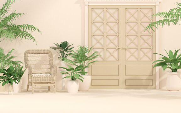 Door and chair, plant concept with sunshade shadow in plain monochrome pastel beige color. Light background with copy space. 3D rendering for web page, presentation or studio, minimalist.
