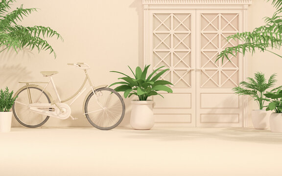 Door and bicyle, plant concept with sunshade shadow in plain monochrome pastel beige color. Light background with copy space. 3D rendering for web page, presentation or studio, minimalist.
