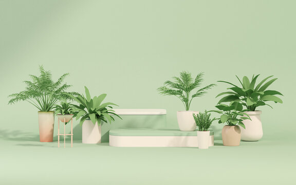 Minimal scene with podium, plant pot, tropical palms, leaves and abstract background. Pastel blue and green colors scene. Trendy 3d render for social media banners, promotion, cosmetic product show.
