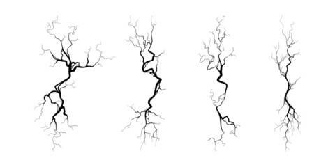 Crack on concrete or ground due to aging or drought. Set of fissures isolated in white background. Monochrome vector illustration