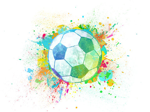 illustration of soccer ball, football on white background with colorful brush painting
