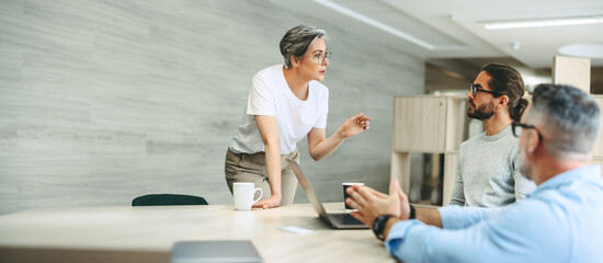 Mature businesswoman having a discussion with her team in an office