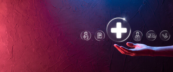 Businessman hold virtual plus medical network connection icons. Covid-19 pandemic develop people awareness and spread attention on their healthcare.Doctor,document,medicine,ambulance,patient icon.