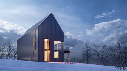 3D rendering illustration of modern house with snow landscape