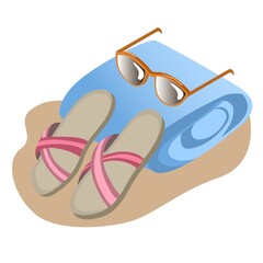 Set of pink striped beach slippers, blue beach towel and sunglasses, isolated on white background