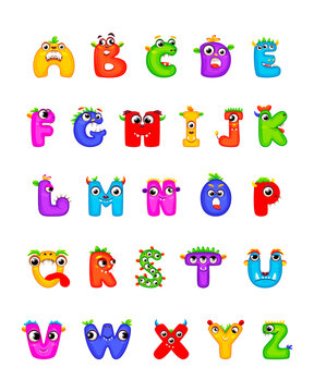 English alphabet with funny monsters. Set of Monster funny cut aphabet with English letter. letters. Colorful cartoon children Education and development of children detailed colorful Illustrations