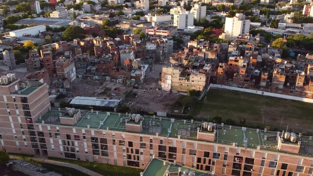 Villa Miseria poor neighborhood at Buenos Aires. Aerial drone view