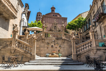 Vintage stairs in Spanish village (Poble Espanyol) museum open air in Barcelona. Spain. Traditional...