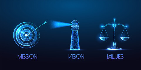 Futuristic mission, vision, values concept with glowing target, lighthouse and scales symbols - obrazy, fototapety, plakaty