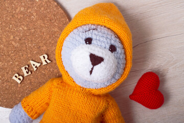 Knitted toy bear in a jacket. Cute teddy bear made of plush