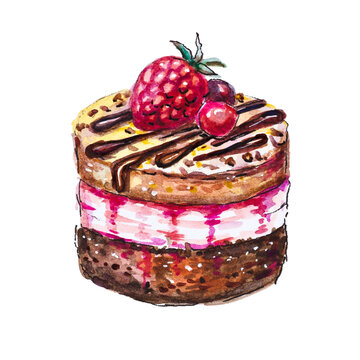 Watercolor painting: chocolate cake with raspberry isolated on white background