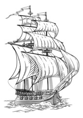 Old Vintage Ship Pirate Sail Boat Galleon Woodcut - obrazy, fototapety, plakaty