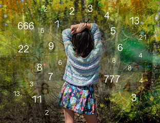 Woman in the spring forest surrounded by numbers, spring numerology
