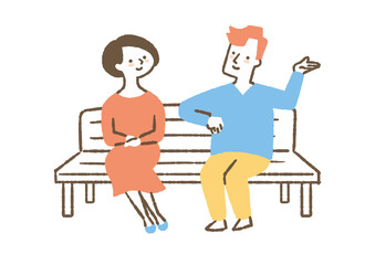 ベンチに座って話す夫婦_色