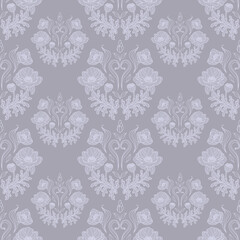 Vintage seamless pattern beautiful poppy bouquets on a Gray background. Rococo style. Botanical illustration for wallpaper, fabric print, packaging.