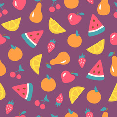 Colorful fruits and berries on purple background, vector seamless summer pattern