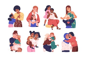 Mothers and daughters set. Happy moms and girls kids hugging, laughing, smiling together. Love, friendship, unity of diverse mums and children. Flat vector illustrations isolated on white background