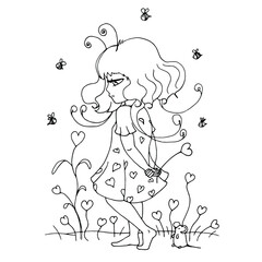 vector coloring page with  cute girl, line illustration