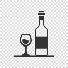 Wine glass and bottle icon in flat style. Champagne beverage vector illustration on isolated background. Cocktail drink sign business concept.