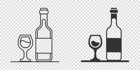 Wine glass and bottle icon in flat style. Champagne beverage vector illustration on isolated background. Cocktail drink sign business concept.
