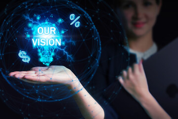 Business, Technology, Internet and network concept. Young businessman working on a virtual screen of the future and sees the inscription: Our vision