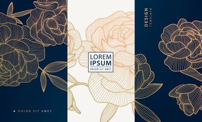 Vector artdeco luxury flower line pattern, golden background. Hand drawn peonies for packaging, social media post, cover, banner, creative post and wall arts - obrazy, fototapety, plakaty