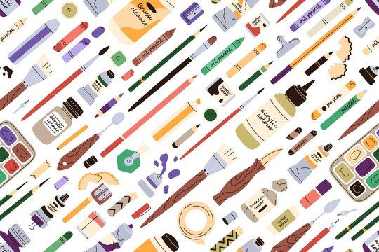 Art supplies pattern. Seamless background with paints, brushes, pencils. Repeating print with artists stationery for painting, painters accessories. Colored flat vector illustration for wrapping