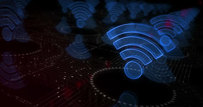 Wifi mobile communication and wireless network technology symbol abstract cyber concept. Digital technology and computer background seamless and looped 3d animation.