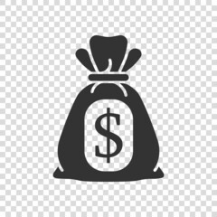 Money bag icon in flat style. Moneybag vector illustration on isolated background. Coin sack sign business concept.