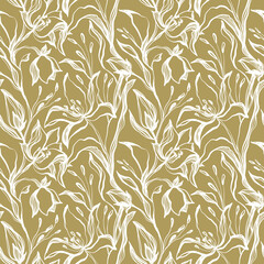 Contour seamless pattern elegant silhouette flower bud tulip. Print for fabric, textile, wallpaper, covers, packaging, paper