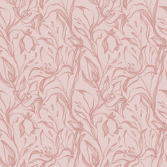 Fototapeta na wymiar Contour seamless pattern elegant silhouette flower bud tulip. Print for fabric, textile, wallpaper, covers, packaging, paper