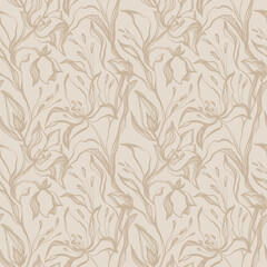 Contour seamless pattern elegant silhouette flower bud tulip. Print for fabric, textile, wallpaper, covers, packaging, paper