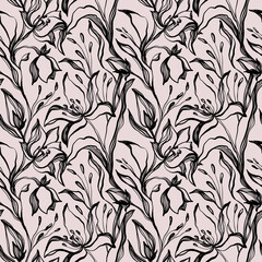 Contour seamless pattern elegant silhouette flower bud tulip. Print for fabric, textile, wallpaper, covers, packaging, paper