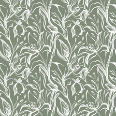Contour seamless pattern elegant silhouette flower bud tulip. Print for fabric, textile, wallpaper, covers, packaging, paper
