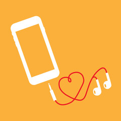 White mobile phone with headphones in heart shape on orange background. Vector illustration.