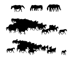 Set of horse silhouette in line art style.Horse vector by hand drawing.Horse tattoo on white background.Illustration of a herd of horses running in the meadow