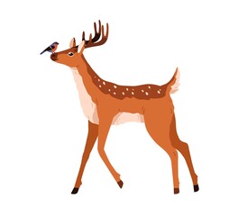Spotted deer animal walking, playing with bird friend. Cute bambi reindeer with horns standing, side view. Graceful horny fawn profile. Flat vector illustration isolated on white background - obrazy, fototapety, plakaty